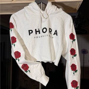 Phora White Hoodie with Red Rose Sleeves
